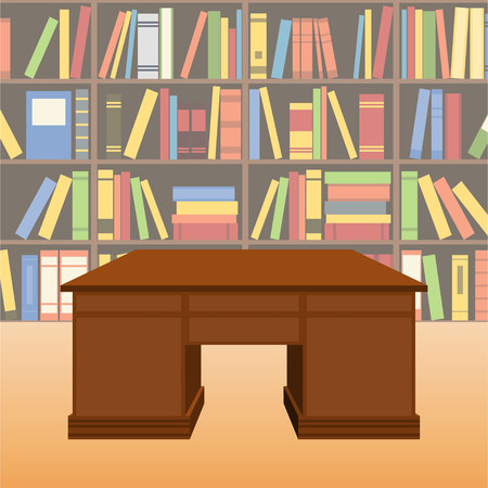Wooden desk standing in front of bookshelves. Vector interior of a libraryのイラスト素材