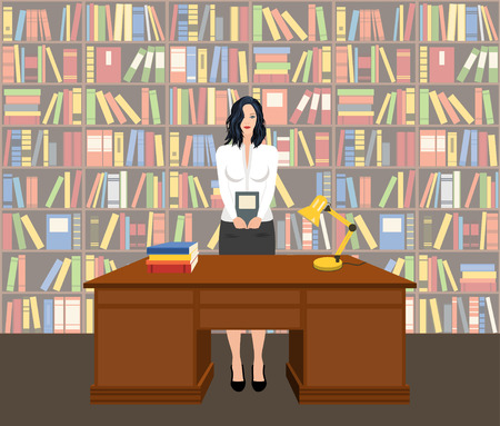 Female librarian holding a book in a library, vectorのイラスト素材