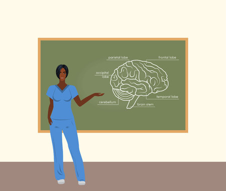 Female black doctor teaching about brain anatomy, vectorのイラスト素材