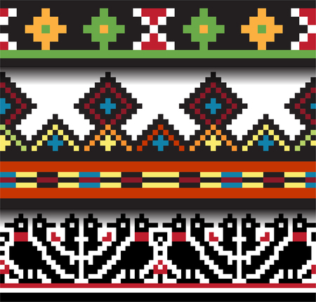 Set of vector ethnic Ukrainian seamless patterns. Slavic national ornaments in pixel styleのイラスト素材