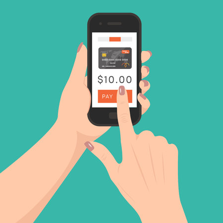 Mobile payment concept, vector. Women's hands holding smartphone and paying for something.のイラスト素材