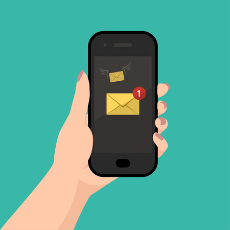 Vector smartphone in the hand of caucasian woman. Receiving message conceptのイラスト素材