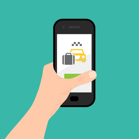 Caucasian hand holding smartphone with taxi application. Vector cab service concept.のイラスト素材
