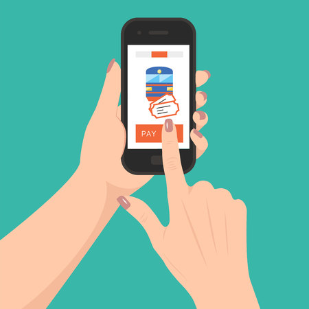 Women's hands holding smartphone and buying train tickets online. Mobile payment concept, vector.のイラスト素材