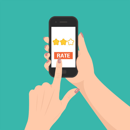 Vector smartphone in the hand of caucasian woman. Rating conceptのイラスト素材
