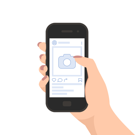 Mobile phone with app in the hand of a womanのイラスト素材