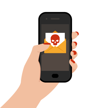 Mobile phone with virus message in the hand of womanのイラスト素材