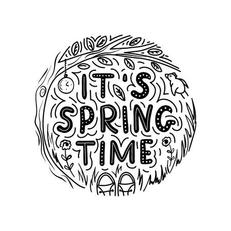 It's springtime lettering phrase. Vector black and white round floral designのイラスト素材