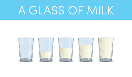 Glasses of milk, vector set. Simple icons in cartoon style with different levels of milkのイラスト素材