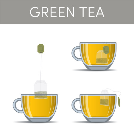 A cup of green tea with teabag inside, vector setのイラスト素材
