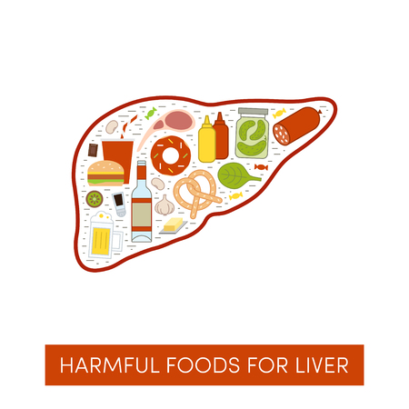 Vector cartoon illustration of harmul foods for a liver.のイラスト素材