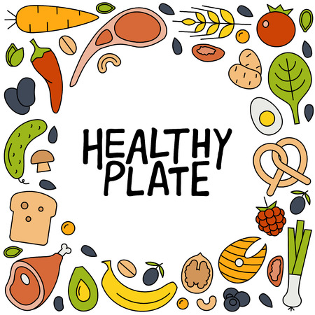 Healthy plate hand drawn lettering. Vector card with linear icons of the foodのイラスト素材