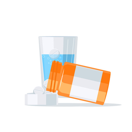 Medications vector concept. Drugs pouring out of the pill bottle into the lid, and glass of water on the background.のイラスト素材