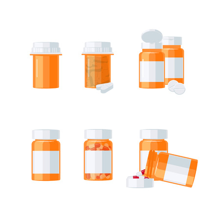 Medications vector concept. Set of colorful pill bottles (empty and full of drugs) in flat styleのイラスト素材