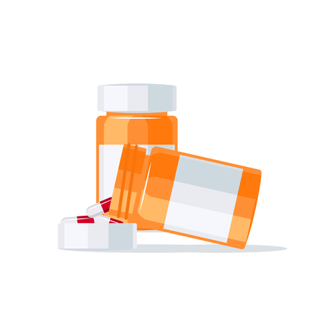 Medications vector concept. Drugs pouring out of the pill bottle into the lid.のイラスト素材