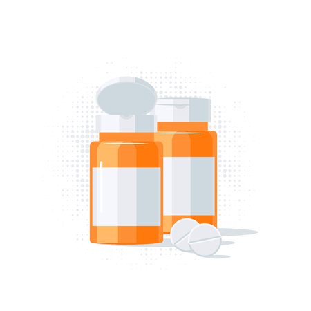 Medications vector concept. Pill bottle and glass of water in flat style on white backgroundのイラスト素材