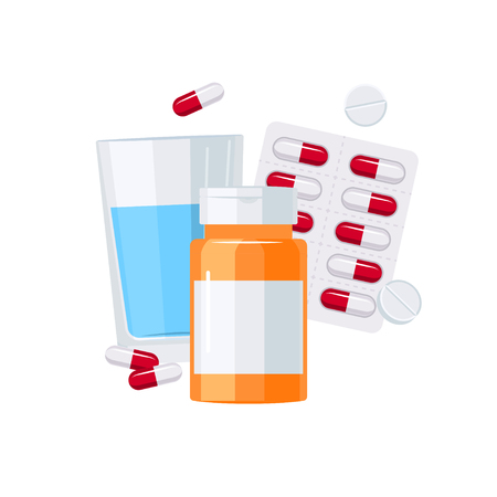 Medications vector concept. Pill bottle, drugs blister and glass of water in flat style on white backgroundのイラスト素材