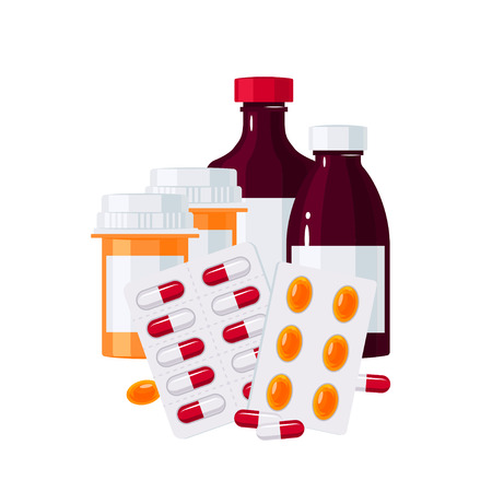 Medicine vector concept. Bottles with drugs and pills in blisters in flat style on white backgroundのイラスト素材