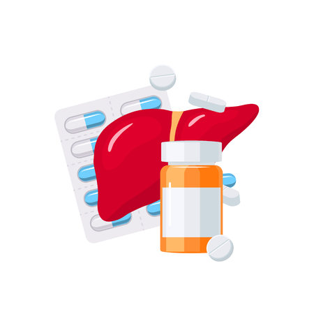 Liver disease medications vector concept. Bottle of pills and glass of water.のイラスト素材