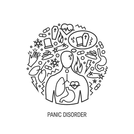 Panic disorder concept made of simple line icons, vector round shapeのイラスト素材