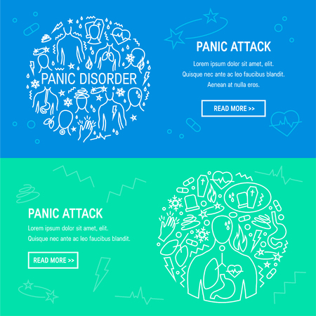 Panic disorder concept made of simple line icons, vector. Web banner template for psychotherapist or mental health clinicのイラスト素材