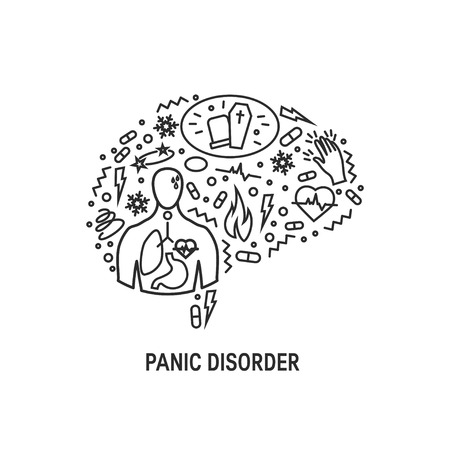 Panic disorder concept made of simple line icons in the shape of human brain, vectorのイラスト素材