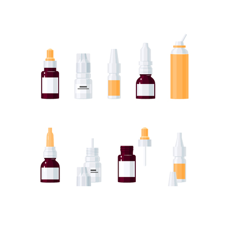 Set of nasal drops bottles (opened and closed). Vector icons in flat styleのイラスト素材