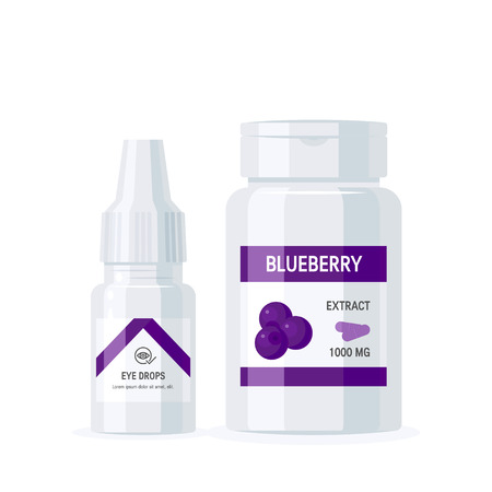 Ophthalmic medications concept. Eye drops and blueberry extract pills in flat style, vector illustrationのイラスト素材