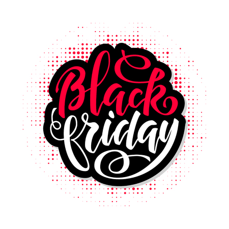 Black friday brush lettering, round vector design. Simple sticker with red and white handwriting textのイラスト素材