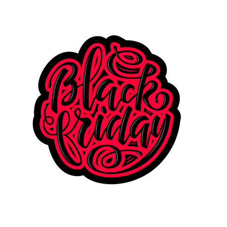 Black friday brush lettering, vector design in circle shape. Simple sticker in red and black colorsのイラスト素材