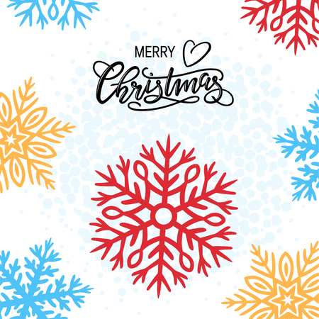 Christmas card with snowflakes and handwriting lettering, vector illustration.のイラスト素材