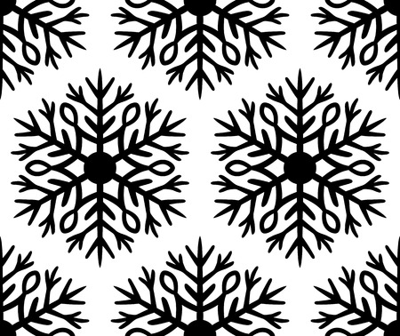 Seamless pattern with black hand-drawn snowflakes. Simple vector illustration on white backgroundのイラスト素材