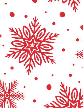 Rectangular background with red hand-drawn snowflakes. Simple vector illustration in flat styleのイラスト素材
