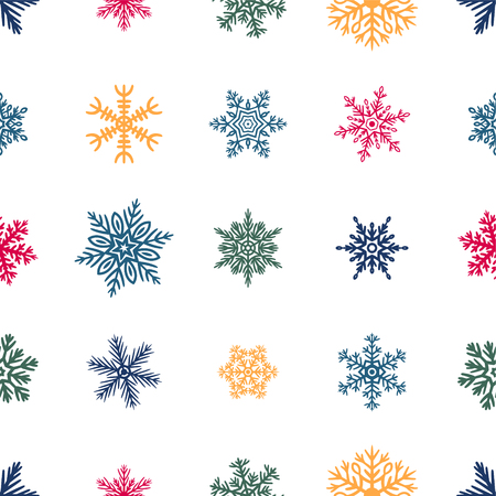 Seamless pattern with colored hand-drawn snowflakes. Simple vector illustration on white backgroundのイラスト素材