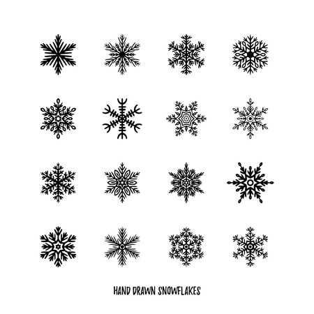 Set of simple hand-drawn icons of a snowflake. Black vector illustration on white backgroundのイラスト素材
