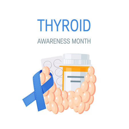 Thyroid awareness month concept. Square design with thyroid gland, pills and blue ribbon, vectorのイラスト素材