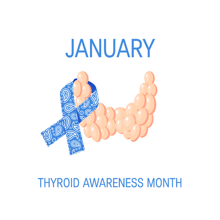 Thyroid awareness month concept. Square design with blue paisley ribbon on the thyroid gland, vectorのイラスト素材