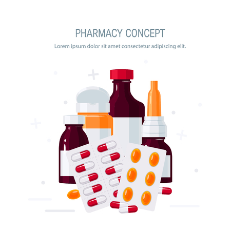 Medicine vector concept. Bottles with drugs and pills in blisters in flat style on white background. Medical design for flyers, posters, web banners etc.のイラスト素材