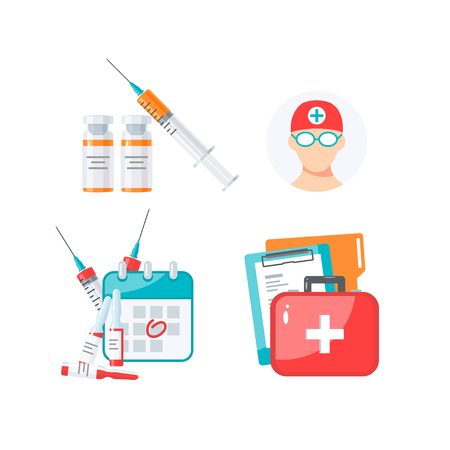Set of medicine items for vaccination infographic. Vector illustration in flat style on white backgroundのイラスト素材