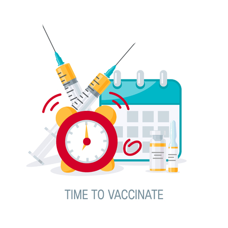 Time to vaccinate concept. Syringes, bottles of vaccine, alarm clock and a calendar. Vector illustration in flat styleのイラスト素材