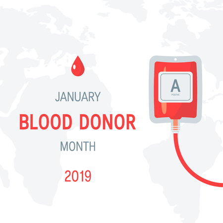 National blood donor month concept. Square design with typography and plastic blood bag, vectorのイラスト素材
