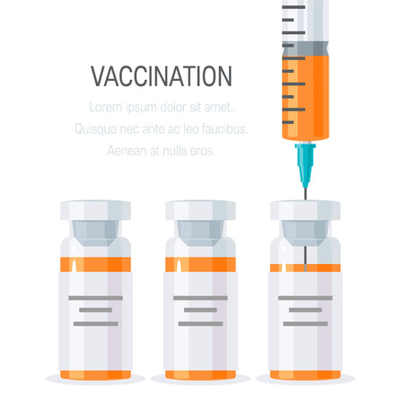 Vaccination concept. Syringe and bottles of vaccine, vector illustration in flat style. Square template for brochure or web bannerのイラスト素材