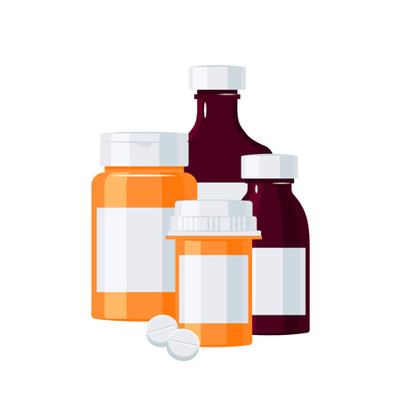 Pharmacy bottles concept. Orange and brown medicine vials. Vector illustration in flat style.のイラスト素材