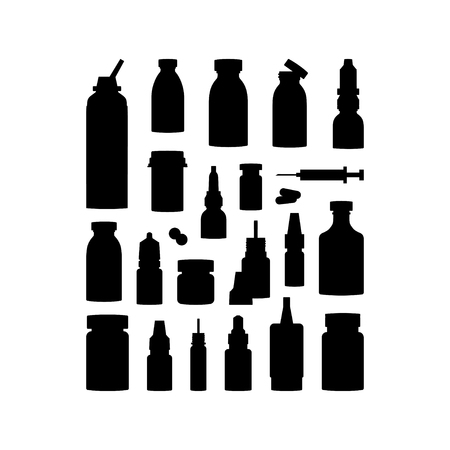 Set of medicine items, vector concept. Bottles with medications, pills and drops in flat style. Black silhouettes on white backgroundのイラスト素材