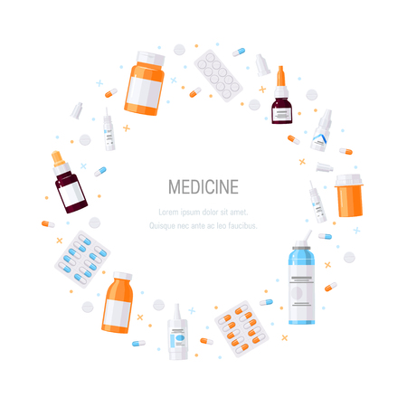 Circle frame made of medicine items, vector. Bottles with medications, pills and drops in flat style on white backgroundのイラスト素材
