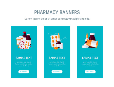 Pharmacy design for web banners, advertisement, mobile version of website etc. UI vertical template for medical websites, drugstores or apps in flat styleのイラスト素材