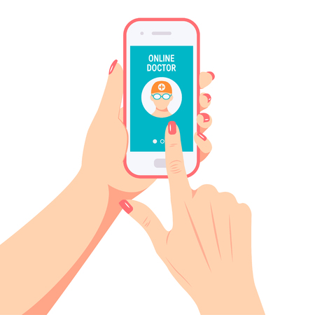 Doctor online concept. Female holding in her hand smartphone with opened webpage of a hospital or medical app. Vector illustration in flat styleのイラスト素材