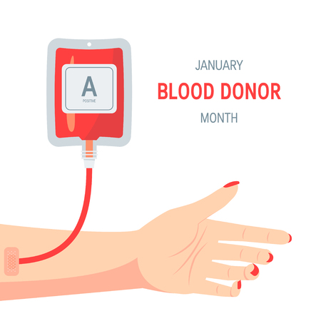 National blood donor month concept. Design with typography and female arm during transfusion , vectorのイラスト素材