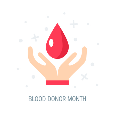 National blood donor month concept. Simple design with drop of blood in human hands, vectorのイラスト素材