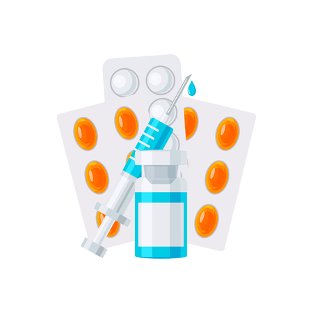 Medicine vector concept. Syringe with ampoule and pills in blisters in flat style on white backgroundのイラスト素材
